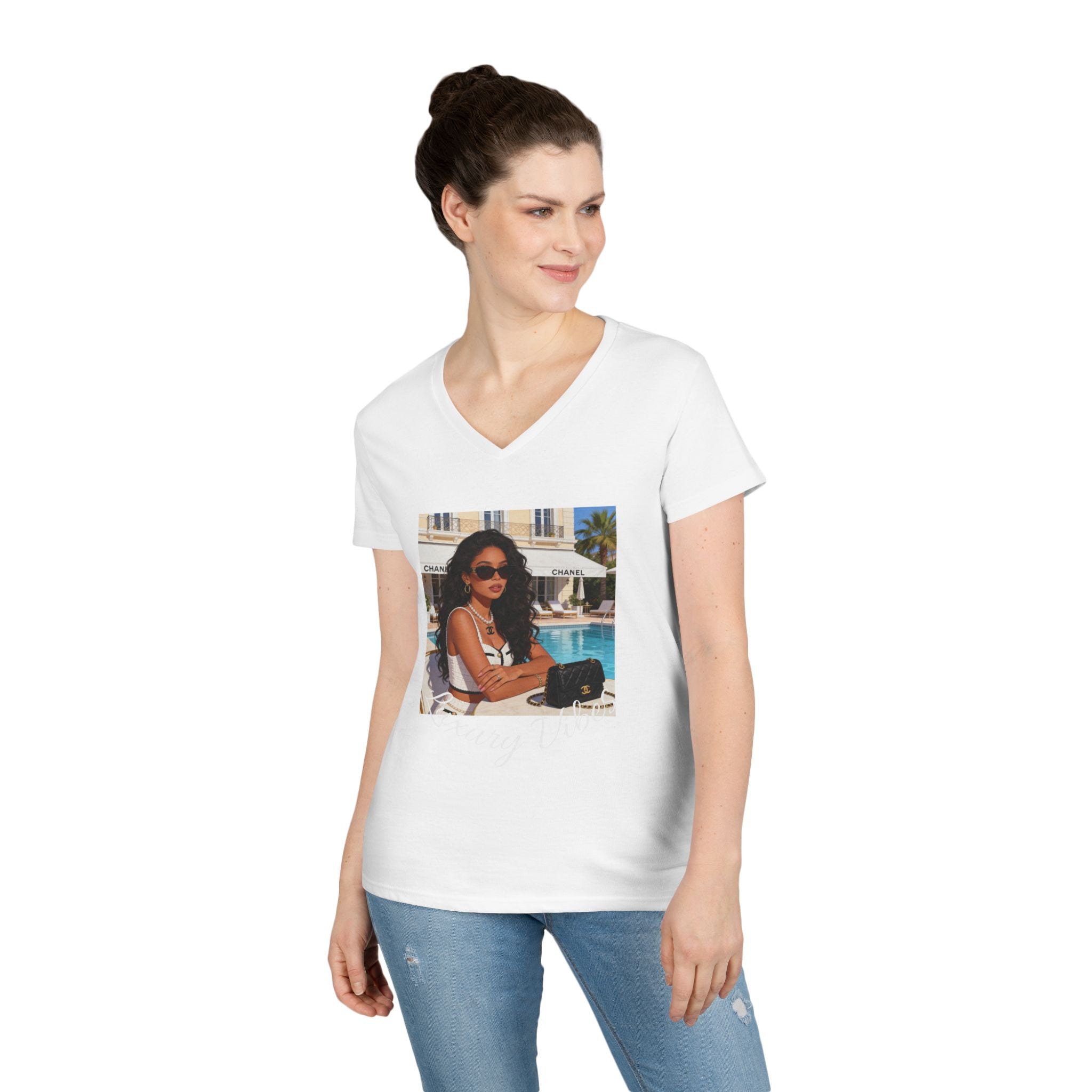 Vintage Poolside Photo V-Neck Tee — Retro Summer Vacation Graphic T-Shirt