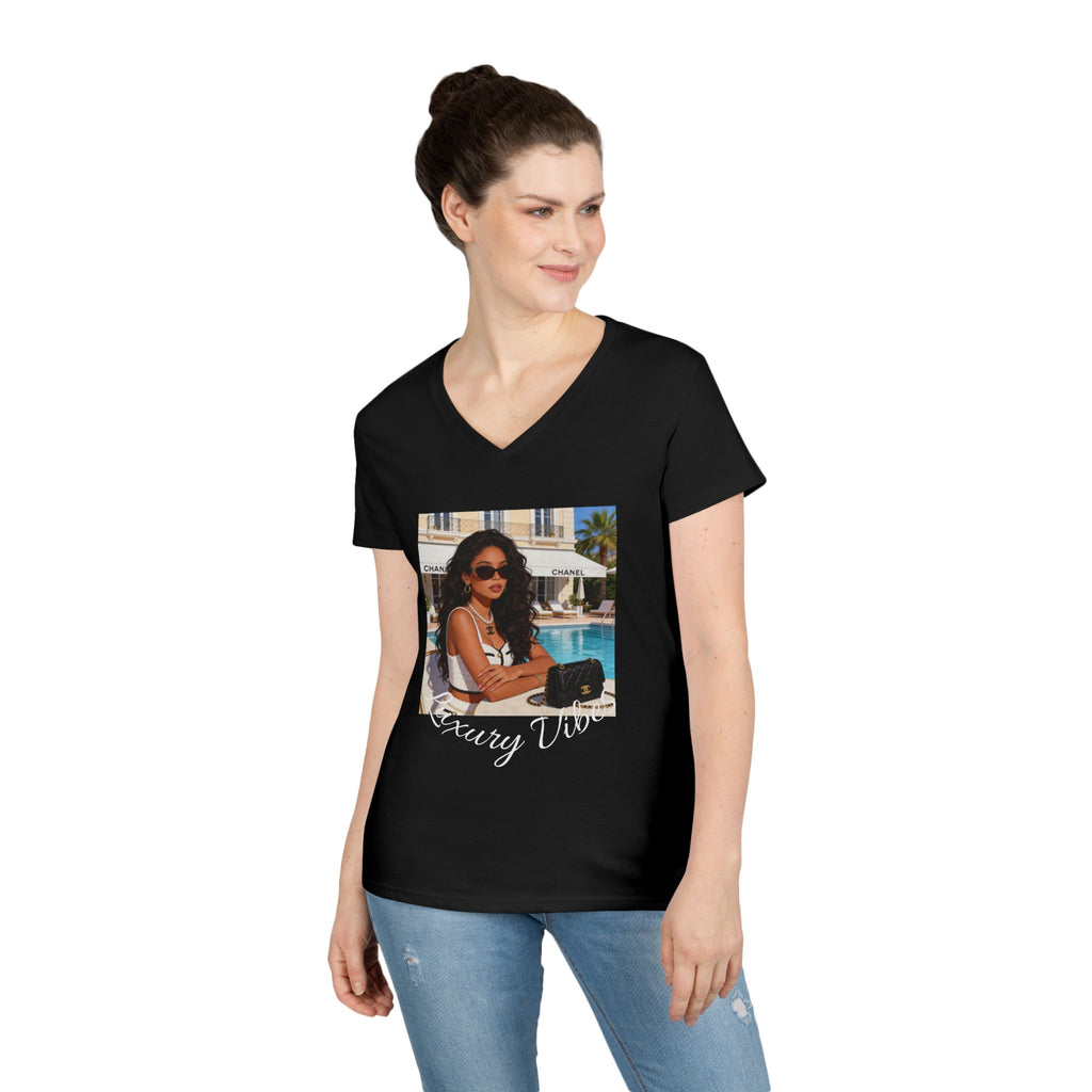Vintage Poolside Photo V-Neck Tee — Retro Summer Vacation Graphic T-Shirt