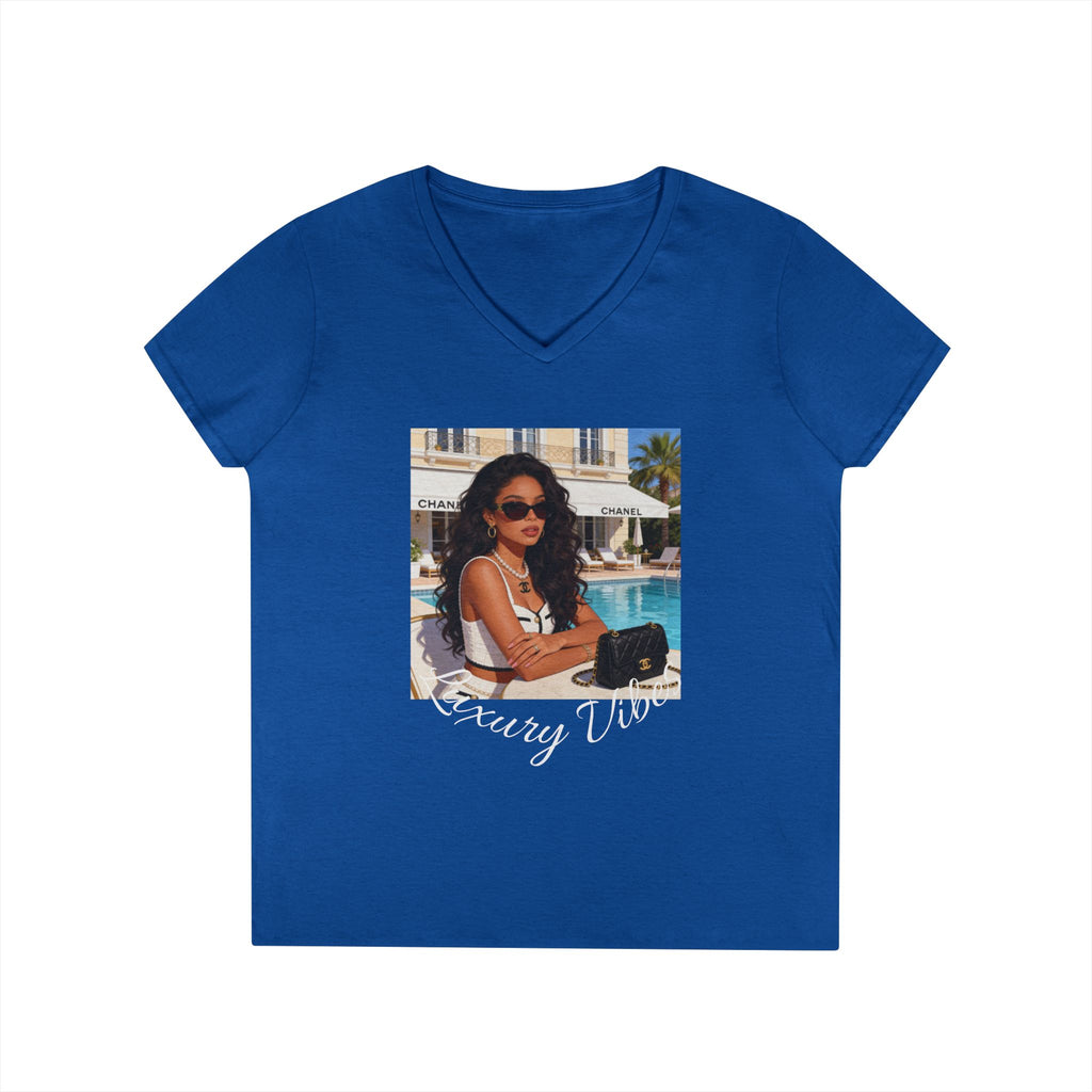 Vintage Poolside Photo V-Neck Tee — Retro Summer Vacation Graphic T-Shirt