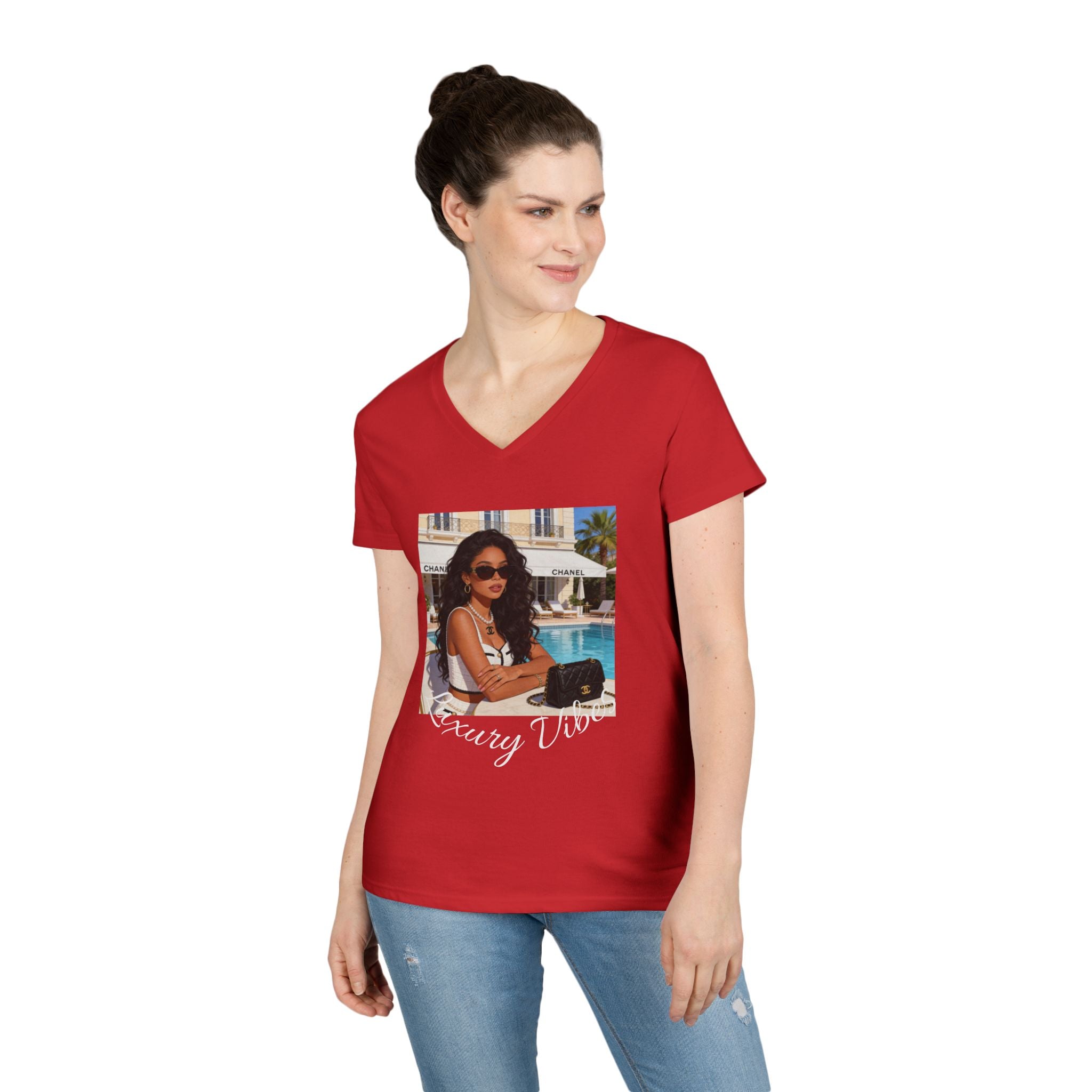 Vintage Poolside Photo V-Neck Tee — Retro Summer Vacation Graphic T-Shirt