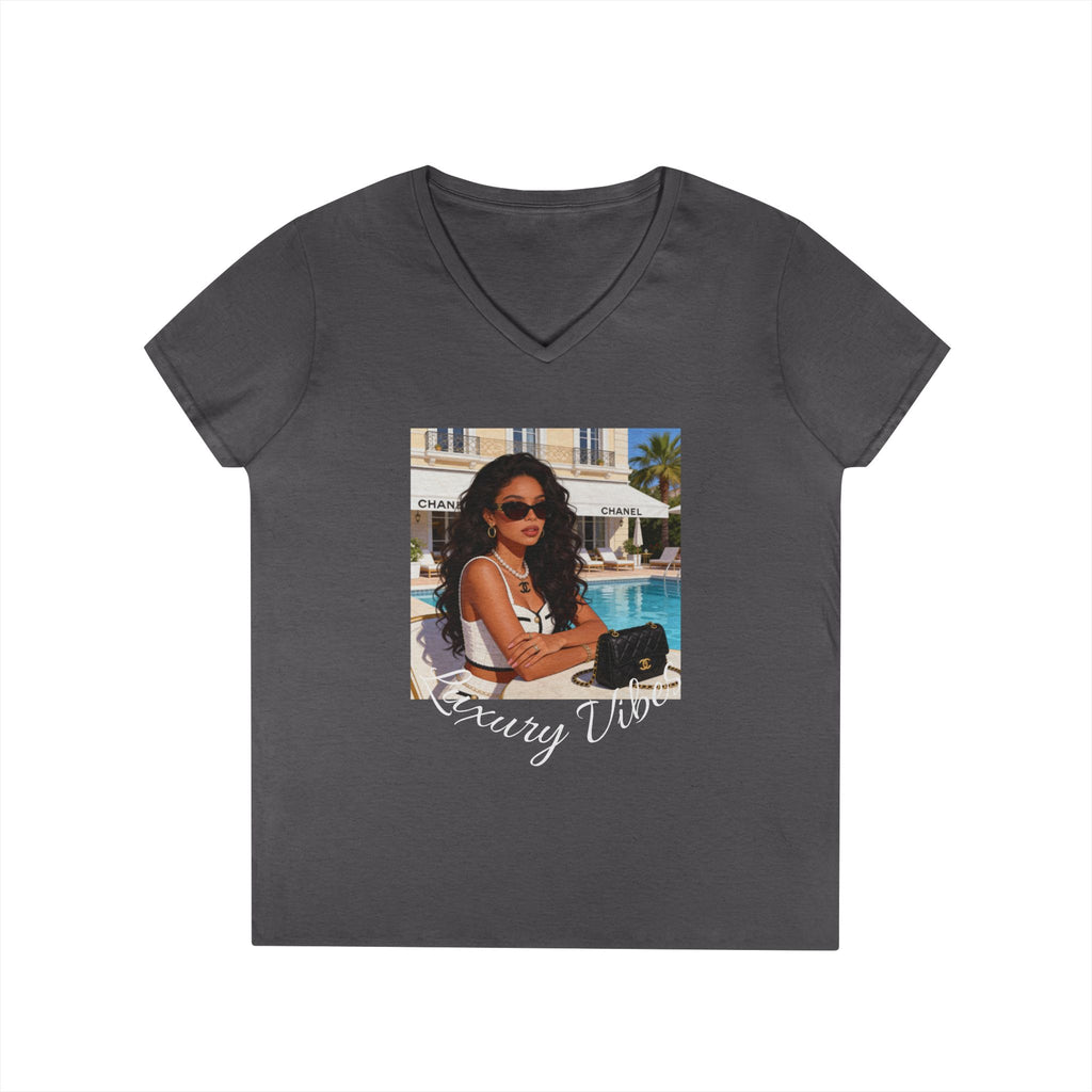 Vintage Poolside Photo V-Neck Tee — Retro Summer Vacation Graphic T-Shirt
