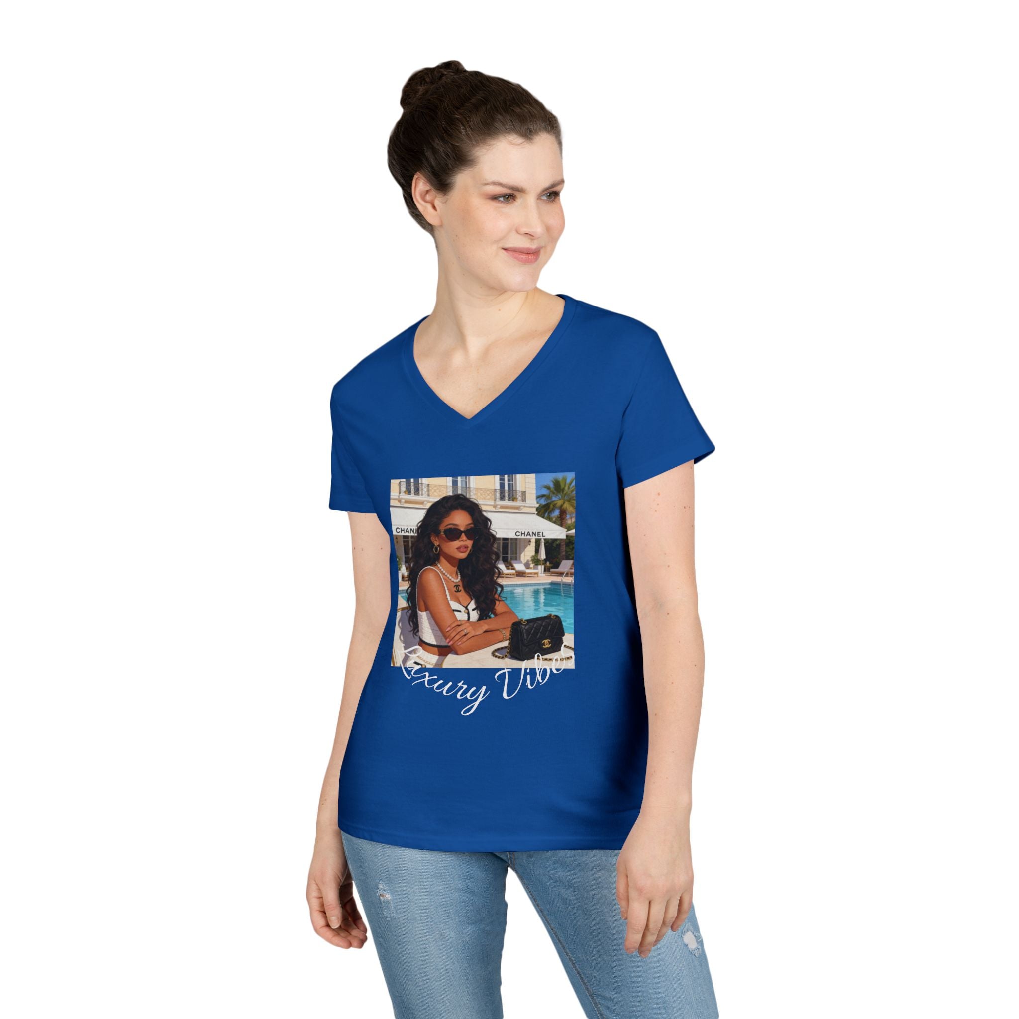 Vintage Poolside Photo V-Neck Tee — Retro Summer Vacation Graphic T-Shirt