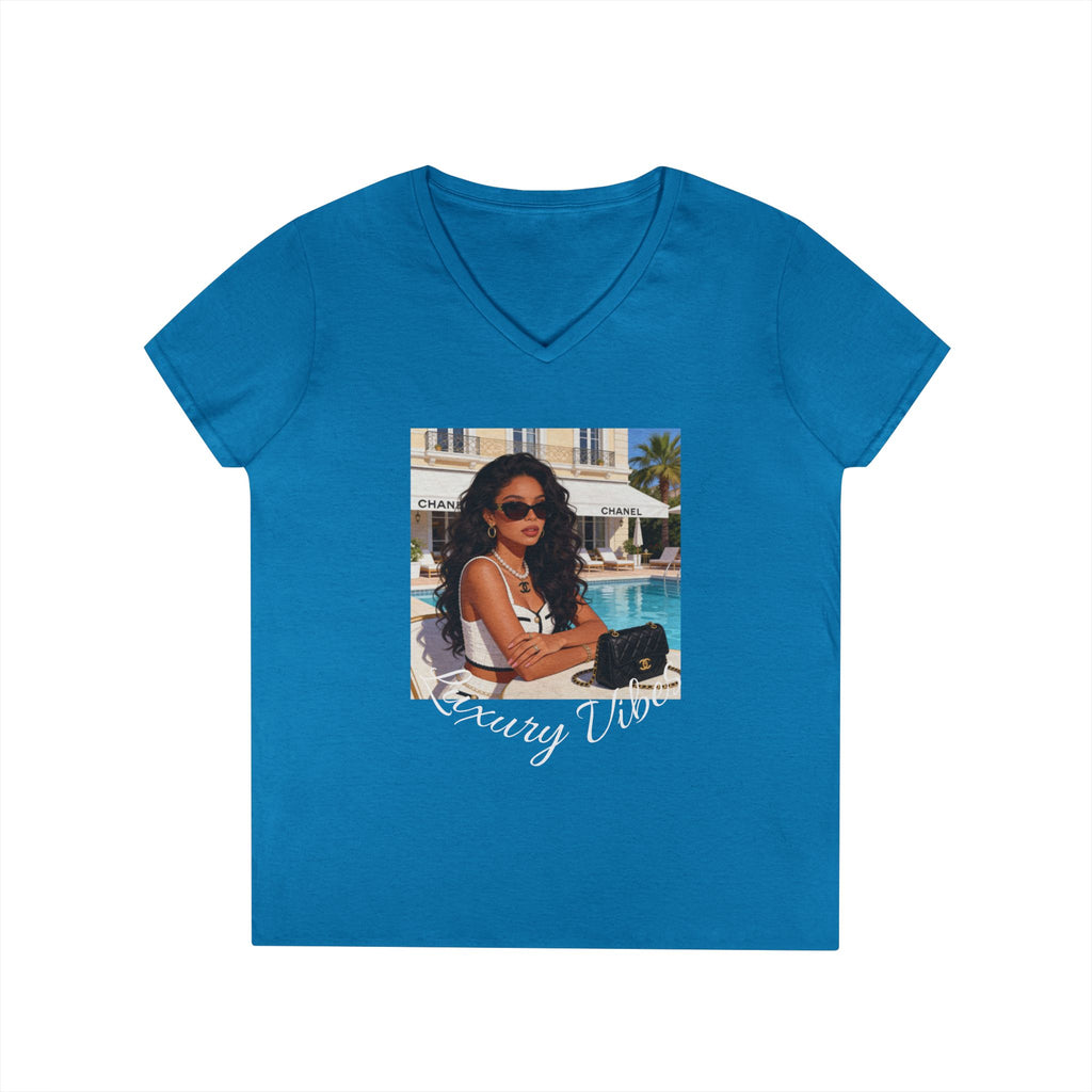 Vintage Poolside Photo V-Neck Tee — Retro Summer Vacation Graphic T-Shirt