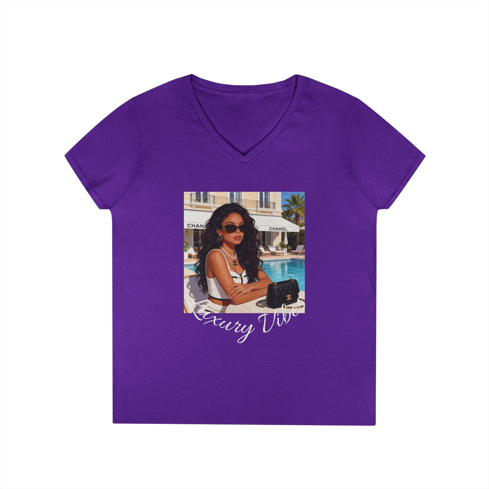 Vintage Poolside Photo V-Neck Tee — Retro Summer Vacation Graphic T-Shirt
