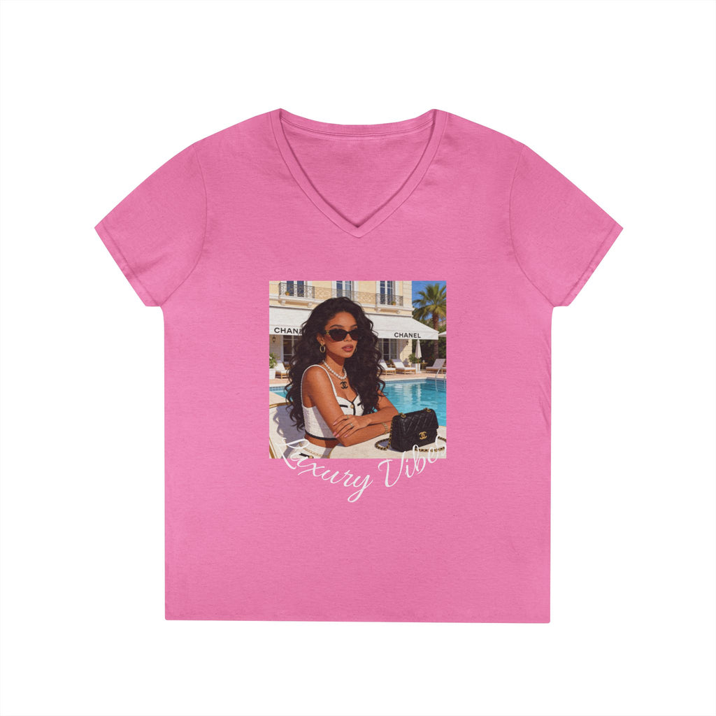 Vintage Poolside Photo V-Neck Tee — Retro Summer Vacation Graphic T-Shirt