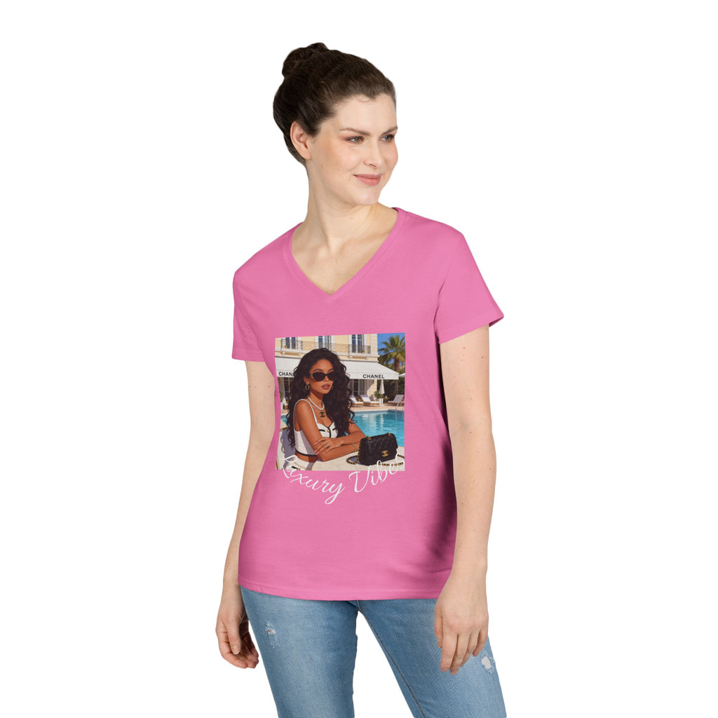 Vintage Poolside Photo V-Neck Tee — Retro Summer Vacation Graphic T-Shirt