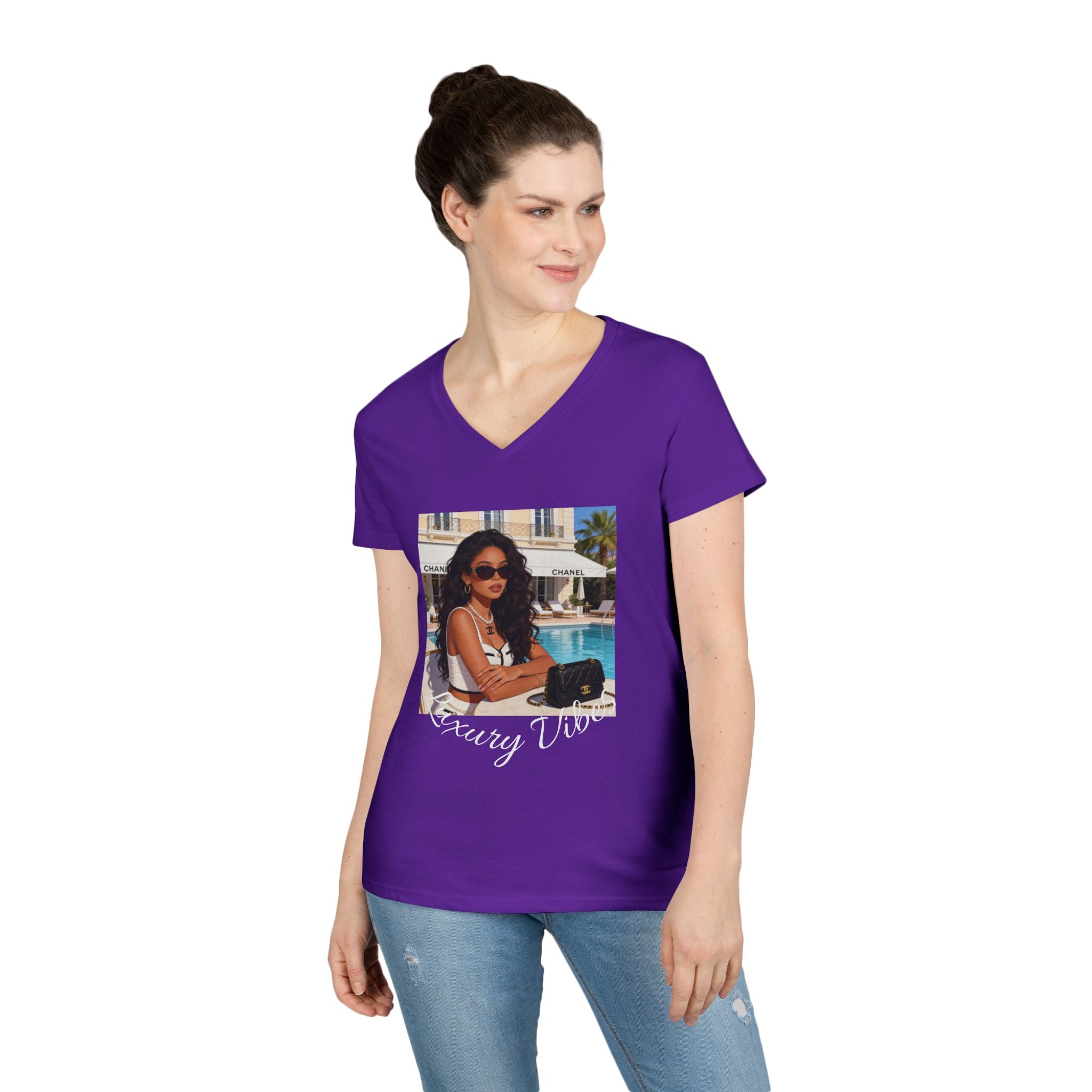 Vintage Poolside Photo V-Neck Tee — Retro Summer Vacation Graphic T-Shirt