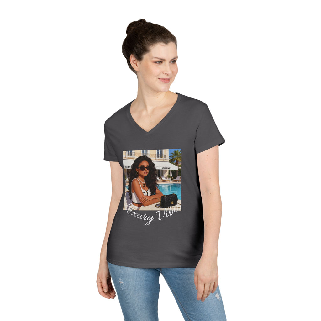Vintage Poolside Photo V-Neck Tee — Retro Summer Vacation Graphic T-Shirt