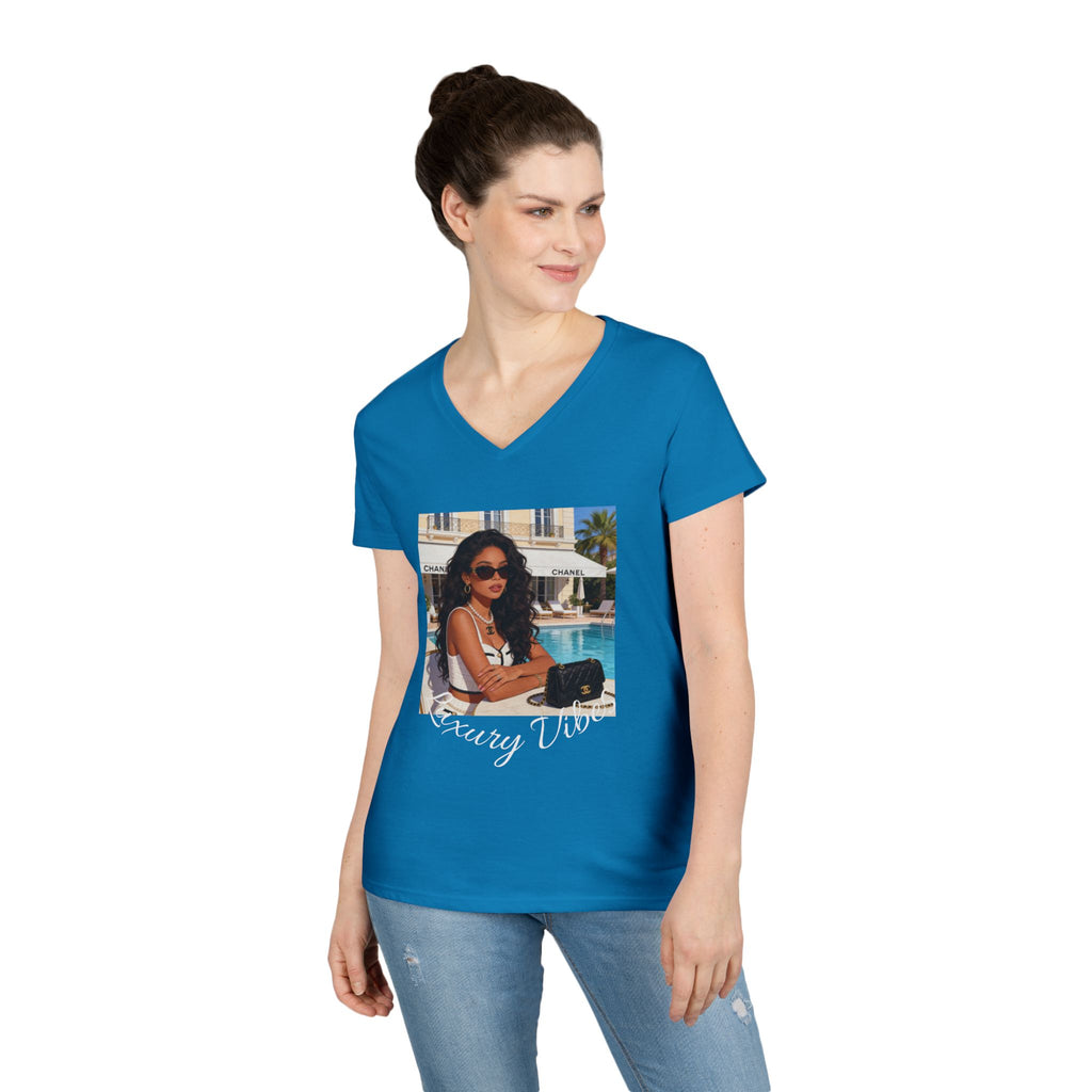 Vintage Poolside Photo V-Neck Tee — Retro Summer Vacation Graphic T-Shirt
