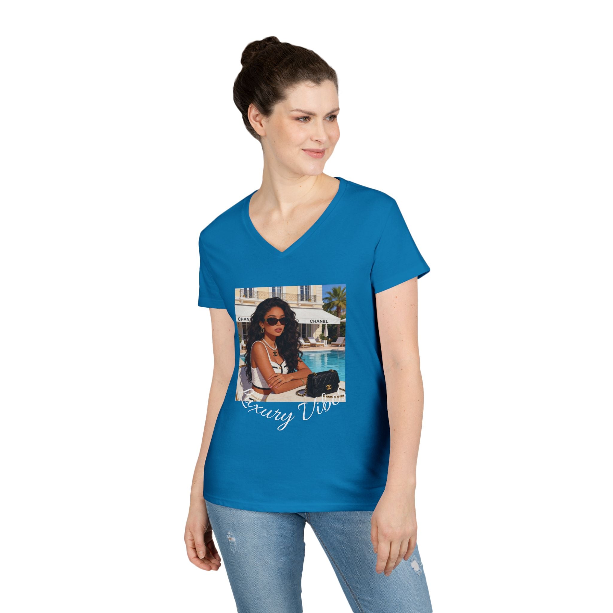 Vintage Poolside Photo V-Neck Tee — Retro Summer Vacation Graphic T-Shirt