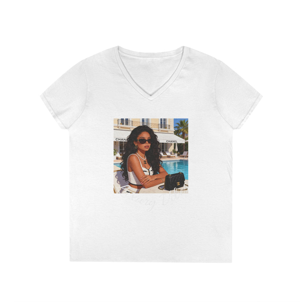 Vintage Poolside Photo V-Neck Tee — Retro Summer Vacation Graphic T-Shirt
