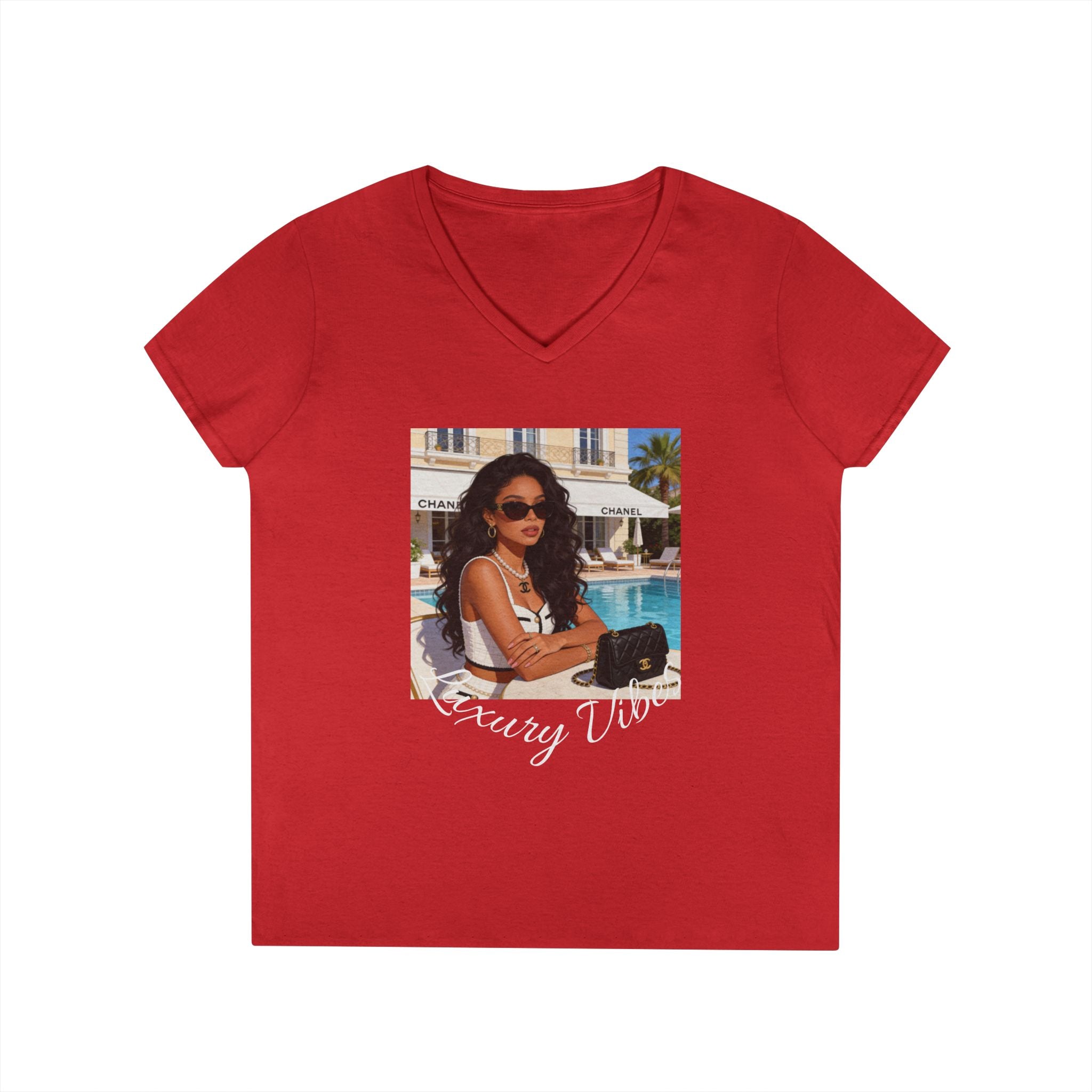 Vintage Poolside Photo V-Neck Tee — Retro Summer Vacation Graphic T-Shirt