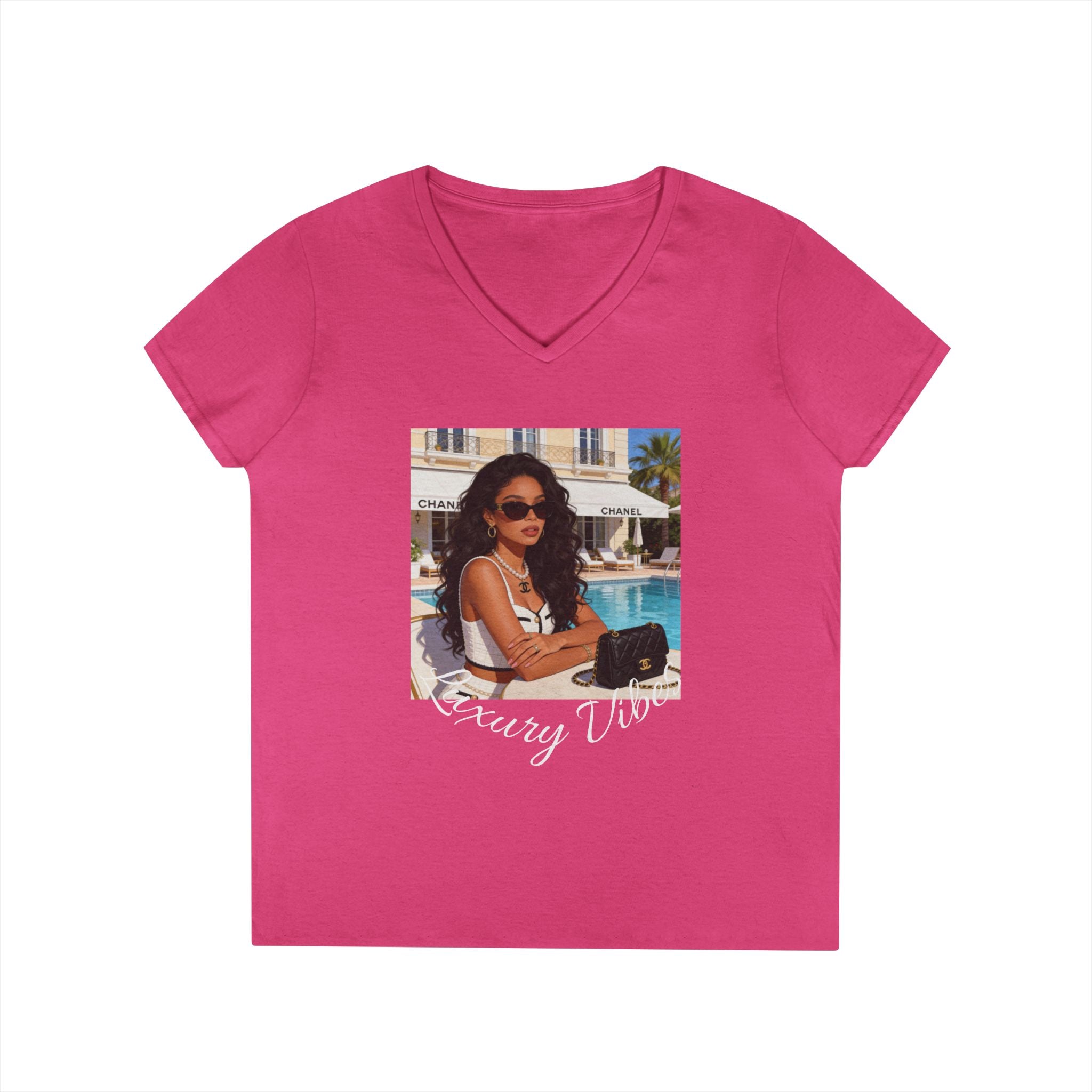 Vintage Poolside Photo V-Neck Tee — Retro Summer Vacation Graphic T-Shirt