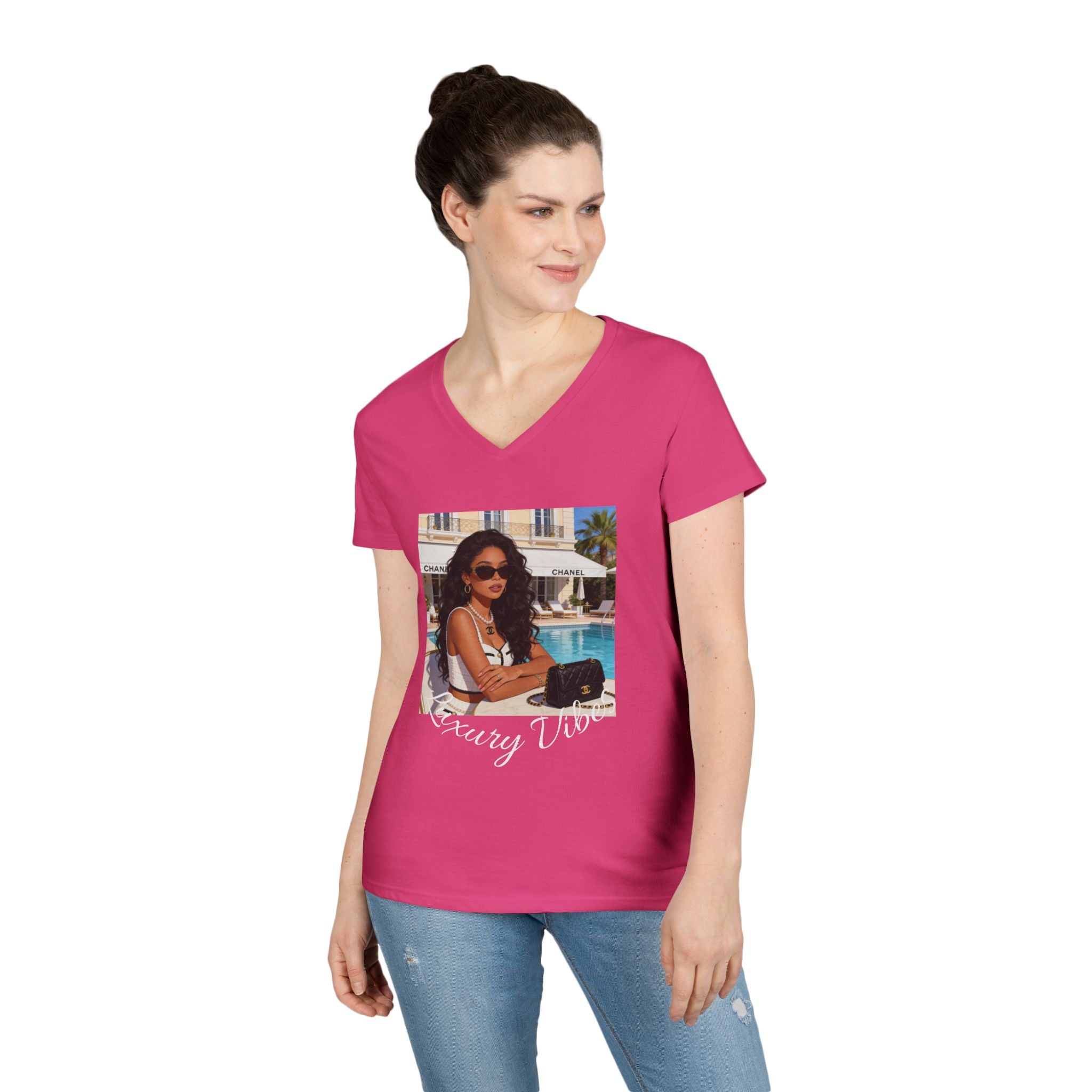 Vintage Poolside Photo V-Neck Tee — Retro Summer Vacation Graphic T-Shirt